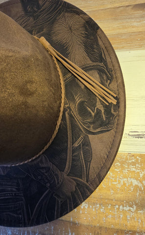 Cowgirl American Horse Burned Hat, cowgirl Burned cowgirl Cowboy Hat: Engraved Suede/Felt Boho Fedora, Felt Wide brim hat Western Hat