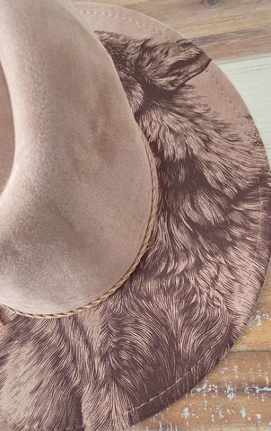 Howling Wolf Burned Hat, cowgirl Burned Mountain Cowboy Hat: Engraved Suede/Felt Boho Fedora, Felt Wide brim hat Western Hat Festivals