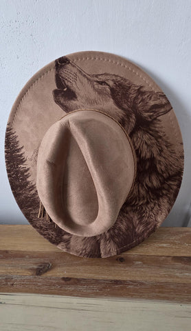Howling Wolf Burned Hat, cowgirl Burned Mountain Cowboy Hat: Engraved Suede/Felt Boho Fedora, Felt Wide brim hat Western Hat Festivals