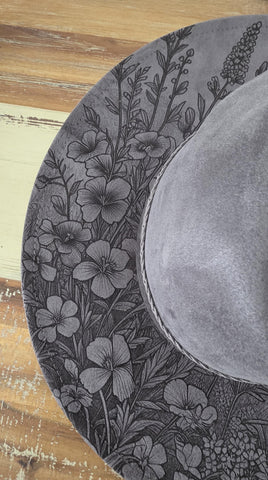 Wild meadow Burned Hat, Floral Cowboy Hat. Burned Cowboy Hat: Engraved Suede/Felt Boho Fedora, Felt Wide brim hat Western Hat Festivals
