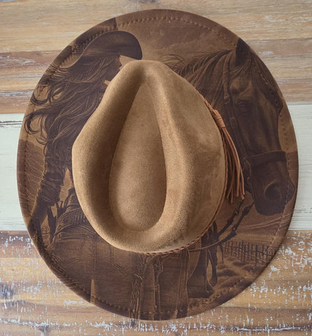 Cowgirl and Horse Burned Hat, Floral Burned cowgirl Cowboy Hat: Engraved Suede/Felt Boho Fedora, Felt Wide brim hat Western Hat Festivals