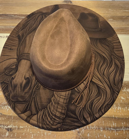 Cowgirl and Horse Burned Hat, Floral Burned cowgirl Cowboy Hat: Engraved Suede/Felt Boho Fedora, Felt Wide brim hat Western Hat Festivals