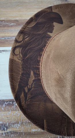 Cowgirl and Horse Burned Hat, Floral Burned cowgirl Cowboy Hat: Engraved Suede/Felt Boho Fedora, Felt Wide brim hat Western Hat Festivals