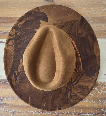 Cowgirl and Horse Burned Hat, Floral Burned cowgirl Cowboy Hat: Engraved Suede/Felt Boho Fedora, Felt Wide brim hat Western Hat Festivals