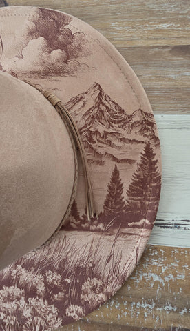 Deer, Mountain, Stag Burned cowgirl Cowboy Hat: Engraved Suede/Felt Boho Fedora, Felt Wide brim hat Western Hat Festivals