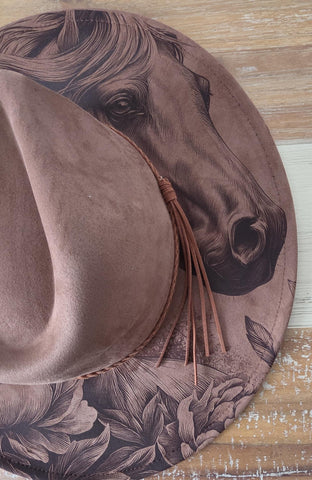 Horse and Peonies, Peony Burned cowgirl Cowboy Hat: Engraved Suede/Felt Boho Fedora, Felt Wide brim hat Western Hat Festivals