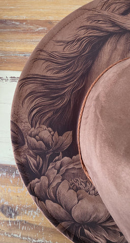 Horse and Peonies, Peony Burned cowgirl Cowboy Hat: Engraved Suede/Felt Boho Fedora, Felt Wide brim hat Western Hat Festivals