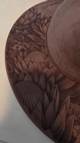 South African Protea Burned Hat, Protea Australia Floral Burned cowgirl Cowboy Hat: Engraved Suede/Felt Boho Fedora, Felt Wide brim hat