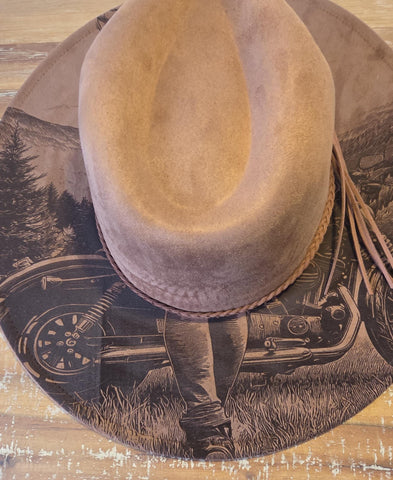 Motorbike Cowgirl Burned Hat, Biker Woman cowgirl Cowboy Hat: Engraved Suede/Felt Boho Fedora, Felt Wide brim hat Western Hat Festivals