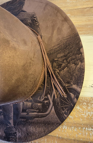 Motorbike Cowgirl Burned Hat, Biker Woman cowgirl Cowboy Hat: Engraved Suede/Felt Boho Fedora, Felt Wide brim hat Western Hat Festivals