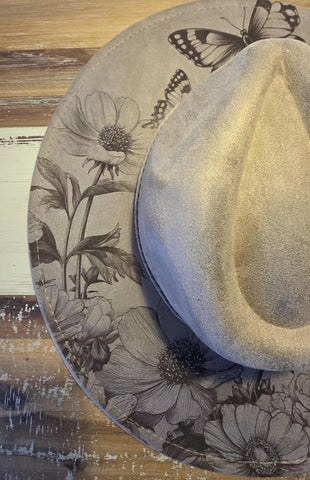 Butterfly garden Cowgirl Burned Hat, Floral Burned cowgirl Cowboy Hat: Engraved Suede/Felt Boho Fedora, Felt Wide brim hat Western Hat