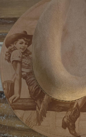 Retro Cowgirl and Horse Burned Hat, Floral Burned cowgirl Cowboy Hat: Engraved Suede/Felt Boho Fedora, Felt Wide brim hat Western Hat