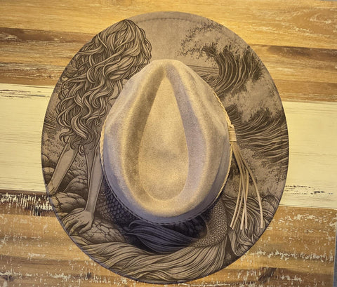 Mermaid Burned Hat, Ocean Burned cowgirl Cowboy Hat: Engraved Suede/Felt Boho Fedora, Felt Wide brim hat Western Hat Festivals