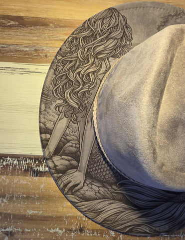 Mermaid Burned Hat, Ocean Burned cowgirl Cowboy Hat: Engraved Suede/Felt Boho Fedora, Felt Wide brim hat Western Hat Festivals
