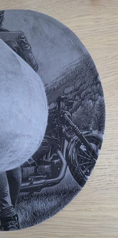 Motorbike Cowgirl, Biker Burned Hat, Biker Woman cowgirl Cowboy Hat: Engraved Suede/Felt Boho Fedora, Wide brim hat Western Hat Festivals