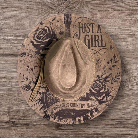 Country and Western- Just a girl Burned Hat, cowgirl Cowboy Hat: Engraved Suede/Felt Boho Fedora, Felt Wide brim hat Festivals
