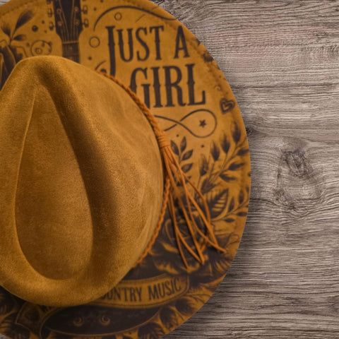 Country and Western- Just a girl Burned Hat, cowgirl Cowboy Hat: Engraved Suede/Felt Boho Fedora, Felt Wide brim hat Festivals