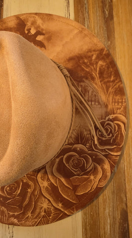 Dark night Dragons Burned cowgirl Cowboy Hat: Engraved Suede/Felt Boho Fedora, Felt Wide brim hat Western Hat Festivals