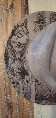 Howling Wolf Burned Hat, cowgirl Burned Mountain Cowboy Hat: Engraved Suede/Felt Boho Fedora, Felt Wide brim hat Western Hat Festivals