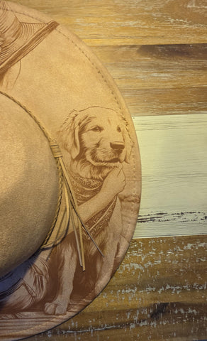 Labrador, dog lover Burned cowgirl Cowboy Hat: Engraved Suede/Felt Boho Fedora, Felt Wide brim hat Western Hat Festivals