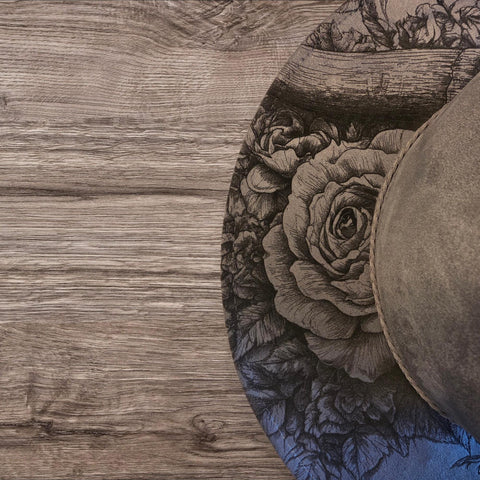 Longhorn Skull Burned Hat, Skull and roses, Cowboy desert Burned Cowboy Hat: Feathers Engraved Suede/Felt Boho Fedora, Felt Wide brim hat