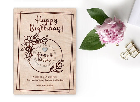 Wooden pocket hug token Floral Happy Birthday card with wooden token | Greetings Card For Her| Personalized Birthday Card