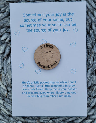 Wooden Pocket hug token love gift A smile can be source of joy - Inspiration, thinking of you, Pick Me Up Gift, Motivation, Friendship