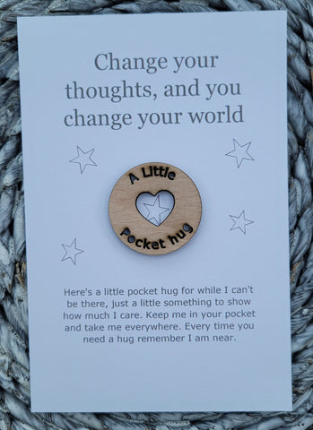 Wooden Pocket hug token love gift Change your thoughts- Inspiration, thinking of you, miss you  Pick Me Up Gift, Motivation, Friendship