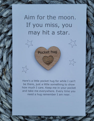 Wooden Pocket hug token love gift Aim for the moon- Inspiration, thinking of you, miss you Gift, Motivation, Graduation, Friendship