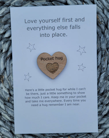 Wooden Pocket hug token love gift Love Yourself- Inspiration, thinking of you, miss you  Pick Me Up Gift, Motivation, Graduation, Friendship
