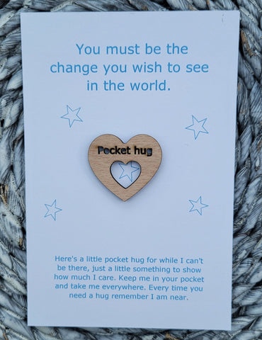Wooden Pocket hug token love gift Be the change Inspiration, thinking of you, miss you  Pick Me Up Gift, Motivation, Graduation, Friendship