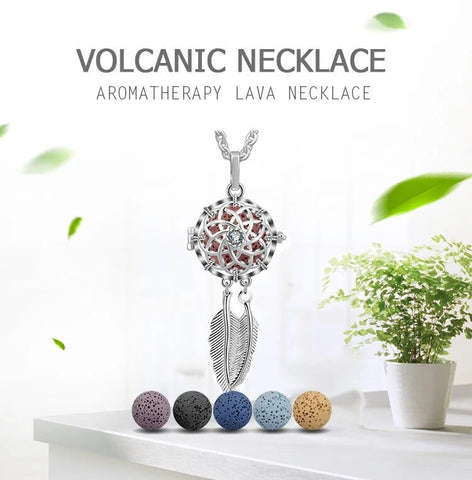 Vintage Hollow Dreamcatcher with Crystal Locket Cage Volcanic Stone Necklace Aromatherapy Essential Oil Lava Stone Diffuser Necklace