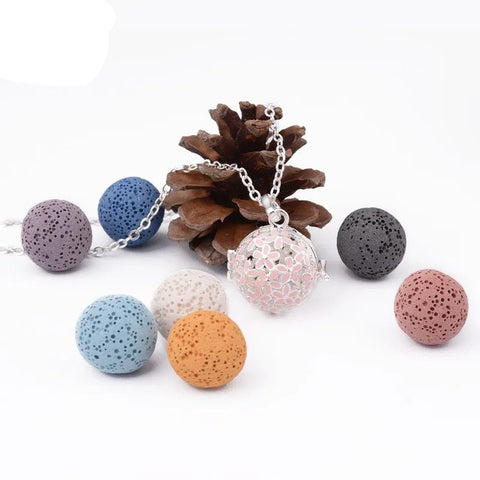 Pink Flower Harmony Locket Cage Volcanic Stone Necklace Aromatherapy Essential Oil Lava Stone Diffuser Necklace Jewelry for Women Gift 18mm