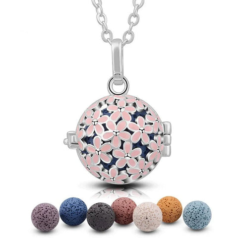 Pink Flower Harmony Locket Cage Volcanic Stone Necklace Aromatherapy Essential Oil Lava Stone Diffuser Necklace Jewelry for Women Gift 18mm