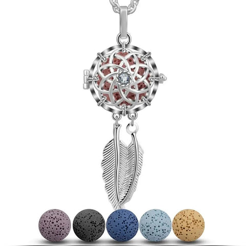 Vintage Hollow Dreamcatcher with Crystal Locket Cage Volcanic Stone Necklace Aromatherapy Essential Oil Lava Stone Diffuser Necklace