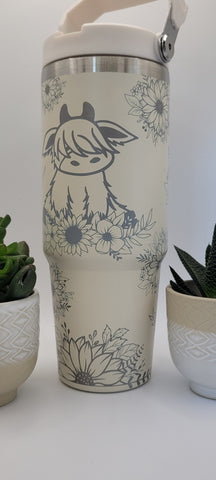 Highland Cow and Sunflowers Laser Engraved 30oz Double Wall Insulated Tumbler Custom Seamless Tumbler