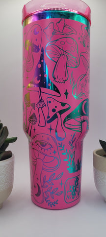 Rainbow/Holographic Mystic Mushrooms, Evil Eye gift 40oz Double Wall Insulated Tumbler with Handles Gift for mom, Granny, sister, Niece