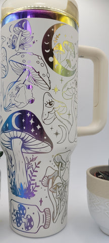 Magical mushrooms frogs - white on rainbow base  40oz Double Wall Insulated Tumbler with Handles Gift for mom, Granny, sister