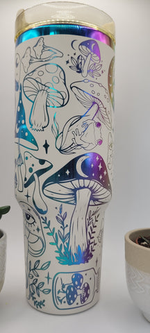 Magical mushrooms frogs - white on rainbow base  40oz Double Wall Insulated Tumbler with Handles Gift for mom, Granny, sister