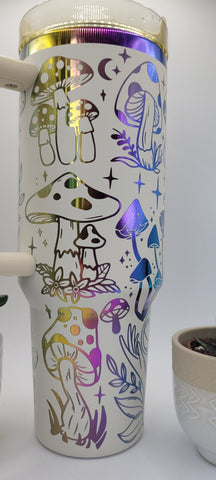 Magical mushrooms frogs - white on rainbow base  40oz Double Wall Insulated Tumbler with Handles Gift for mom, Granny, sister