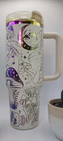 Magical mushrooms frogs - white on rainbow base  40oz Double Wall Insulated Tumbler with Handles Gift for mom, Granny, sister
