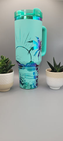 Sunset, Beach vibes,Tropical garden - Teal on rainbow base  40oz Double Wall Insulated Tumbler with Handles Gift for mom, Granny, sister
