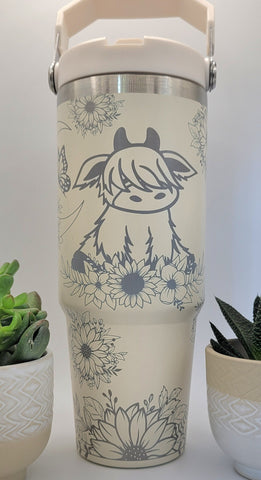 Highland Cow and Sunflowers Laser Engraved 30oz Double Wall Insulated Tumbler Custom Seamless Tumbler