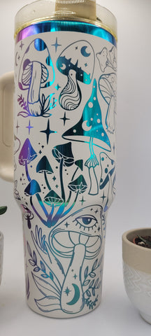 Magical mushrooms frogs - white on rainbow base  40oz Double Wall Insulated Tumbler with Handles Gift for mom, Granny, sister