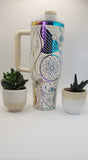 Henna Paisley, Boho - white on rainbow base  40oz Double Wall Insulated Tumbler with Handles Gift for mom, Granny, sister, mum, Friend