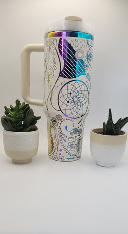Henna Paisley, Boho - white on rainbow base  40oz Double Wall Insulated Tumbler with Handles Gift for mom, Granny, sister, mum, Friend