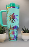 Sunset, Beach vibes,Tropical garden - Teal on rainbow base  40oz Double Wall Insulated Tumbler with Handles Gift for mom, Granny, sister