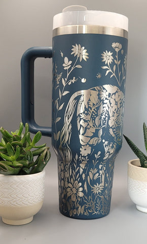 Horse Floral 40oz Tumbler with Handle  Double Wall Insulated Cup, Horse Lover Gift, Floral Equestrian Mug for Mom, Sister, Friend