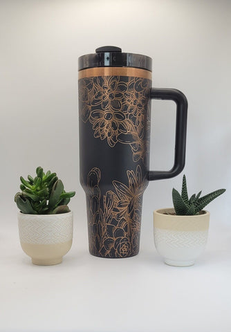 Succulents, Cactus, floral gift Black on copper base  40oz Double Wall Insulated Tumbler with Handles Gift for mom, Granny, sister