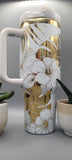 White & Gold Hibiscus 40oz Insulated Tumbler with Handle  Floral Double Wall Stainless Steel Cup, Gift for Mom or Sister